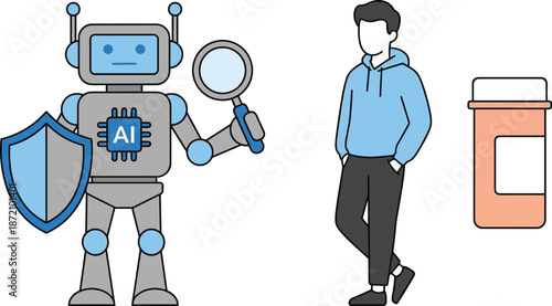 Artificial intelligence robot protecting user data, ai security assistant concept, digital privacy analysis, human safety, technology trust, modern illustration