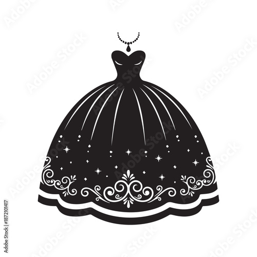 Princess Ball Gown Silhouette Vector. Magical Wedding Dress Icon with Sparkles and Swirls. Elegant Black Fashion Illustration for Bridal Shop, Fairy Tale, or Logo Design Isolated on White Background.
