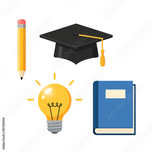 Education Symbols Graduation Pencil Book Lightbulb.