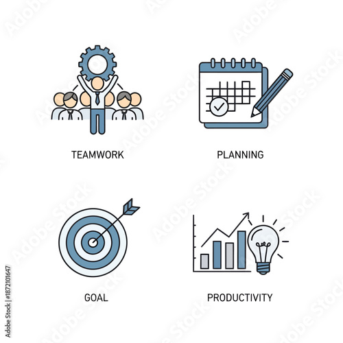 Business Icons Representing Teamwork and Productivity.