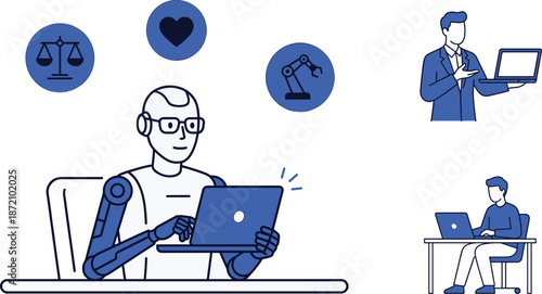 Artificial intelligence workplace illustration, human AI collaboration, ethical technology concepts, machine learning productivity, smart automation, modern business innovation design