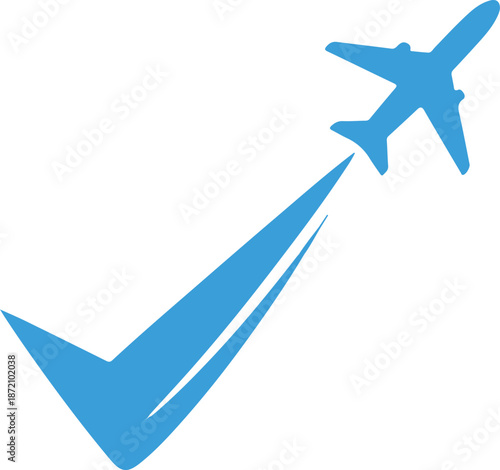 Minimal flat vector illustration of an airplane taking off with an upward path representing travel, growth, success, and progress. Clean modern design suitable for business and tourism concepts.