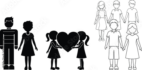 Valentine Love Couple Black Silhouette Two black silhouettes of a man and a woman holding hands with two black silhouettes of children holding a large heart between