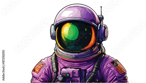 Astronaut in Purple Suit with Reflective Visor, Exploring the Cosmos.