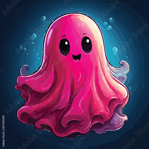 Adorable Pink Ghost Cartoon Character with Big Eyes and Smile.