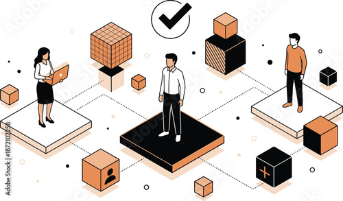 Business collaboration illustration, team decision making concept, leadership approval workflow, professional teamwork strategy, corporate management process, abstract isometric design