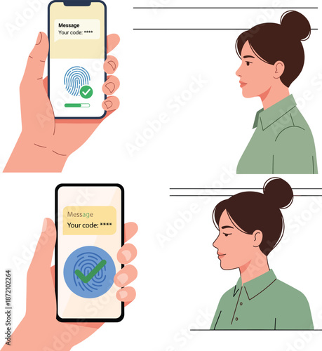 Biometric authentication illustration, mobile fingerprint verification, two factor login code message, user identity security, digital access confirmation, modern app safety
