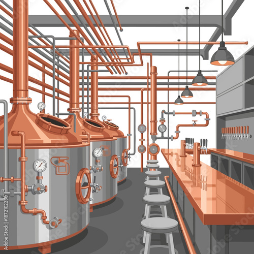 Modern Craft Beer Brewery Interior with Copper Tanks and Bar Area