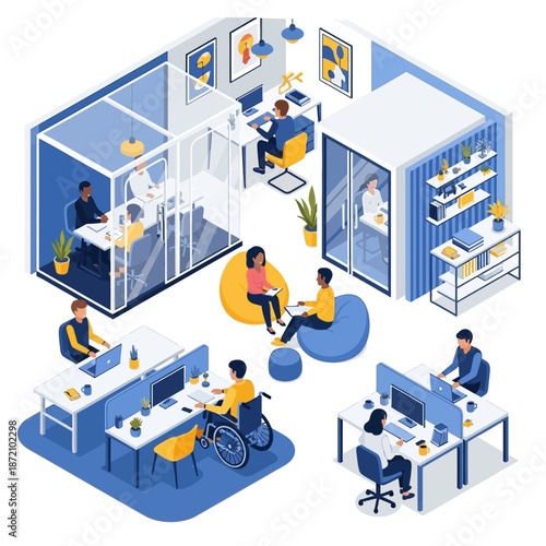 Collaborative Modern Office with Glass Rooms and Diverse Workers