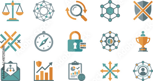 Business strategy icon set illustration, management analytics symbols, leadership growth security network concepts, flat design, modern corporate infographic collection