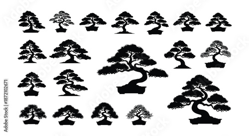 Collection of stylized bonsai trees in various shapes and potted arrangements