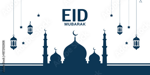 A eid mubarak greeting card with mosque silhouette and lanterns background design Vector illustration