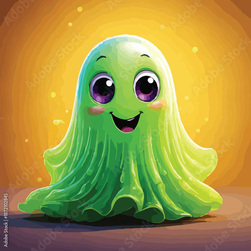 Adorable Green Ghost Cartoon Character with Big Eyes and Smile.