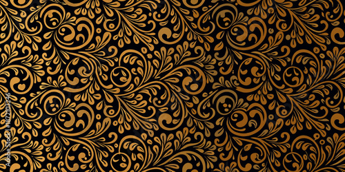 Intricate gold floral pattern on a dark black background seamless design