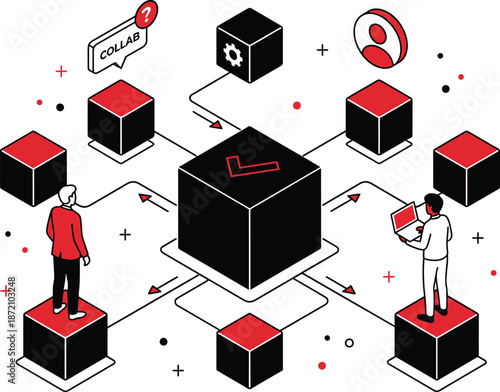 Collaborative software development workflow illustration, team collaboration system, modular architecture, DevOps process, distributed computing, modern technology concept, vector design diagram