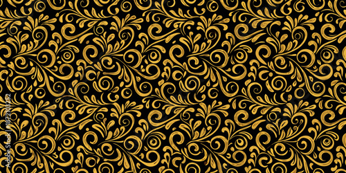 Intricate golden floral pattern on a dark black background seamless design