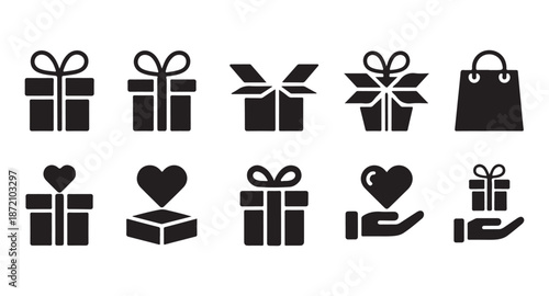 Gift box and heart icon set for surprise delivery and romantic greeting card or wedding invitation