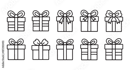 Gift boxes outline icons. present box with various ribbon styles. line art vector illustration set