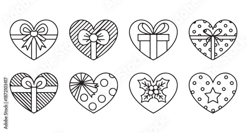 Set of cute heart shaped gift boxes with ribbons and bows, hand drawn vector icons