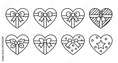 Assorted heart gift boxes with ribbons and patterns, hand drawn icons, vector illustration