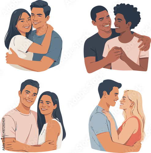 Isolated a Heterosexuals' couple thinking about love life, sexuality or relationship problem Modern flat romance characters illustration of man and woman with question mark. vector art .
