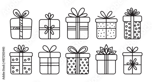 Collection of ten outline black gift boxes illustration set holiday packaging present design decorated with bow