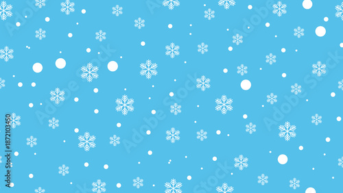 A serene blue background with scattered white snowflakes of varying sizes and complexity