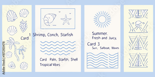 A collection of illustrated cards featuring marine life and summer themes