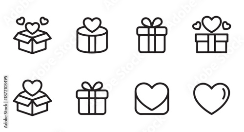 Collection of line art icons featuring hearts coming out of boxes and simple gift presentations