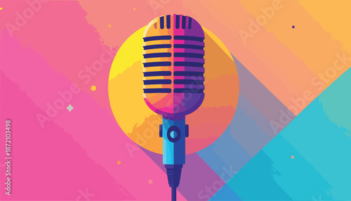 Retro Microphone Illustration with Vibrant Colors and Geometric Background.