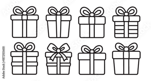 Gift box linear icon collection for shopping and celebration design elements isolated on white back