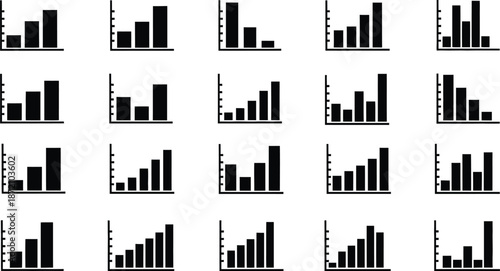 Collection of 20 black and white bar graphs on a white background