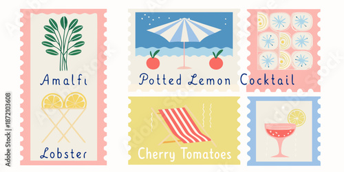 Stylized postcard collection featuring summer themed illustrations and handwritten text
