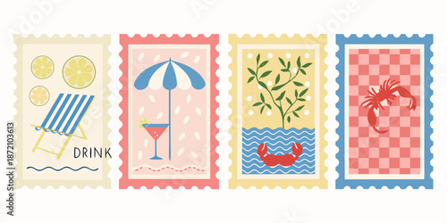 Four decorative postage stamps showcasing summer themed illustrations