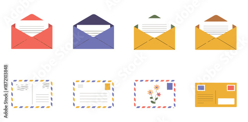Colorful vintage postcard and mail envelope set flat design postal correspondence stationery elements