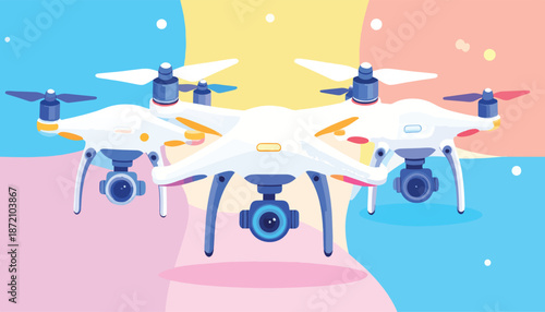 Group of White Drones with Cameras on Colorful Background.