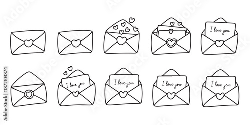 Hand drawn envelopes with hearts and love notes, romantic correspondence and greetings