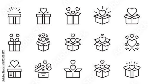 Gift box icons with hearts and radiating lines, open boxes and presents symbolizing joy and celebration