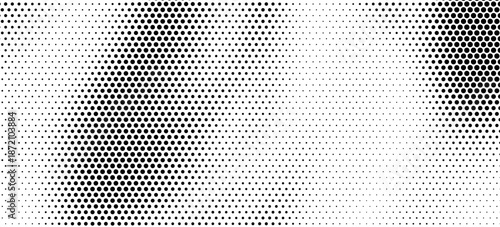 Dotted halftone texture background. Black and white pop art gradient overlay. Fading grunge gritty noise wallpaper. Weathered pixelated comic backdrop. Vector bitmap subtle vanishing surface
