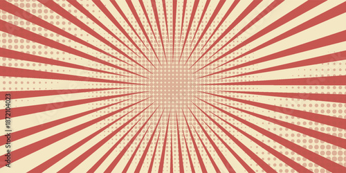 Red sunburst lines on yellow Background. Light sun rays pattern. Vintage stripes halftone radial wallpaper for poster, banner, advertising backdrop, comic or