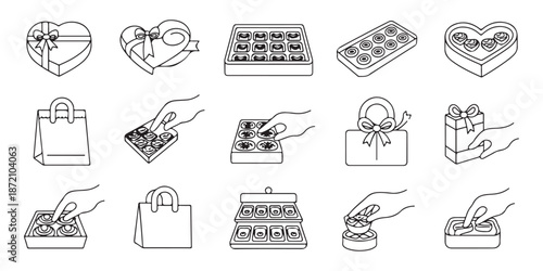 Set of line art icons featuring various chocolate boxes gift bags and hand interactions