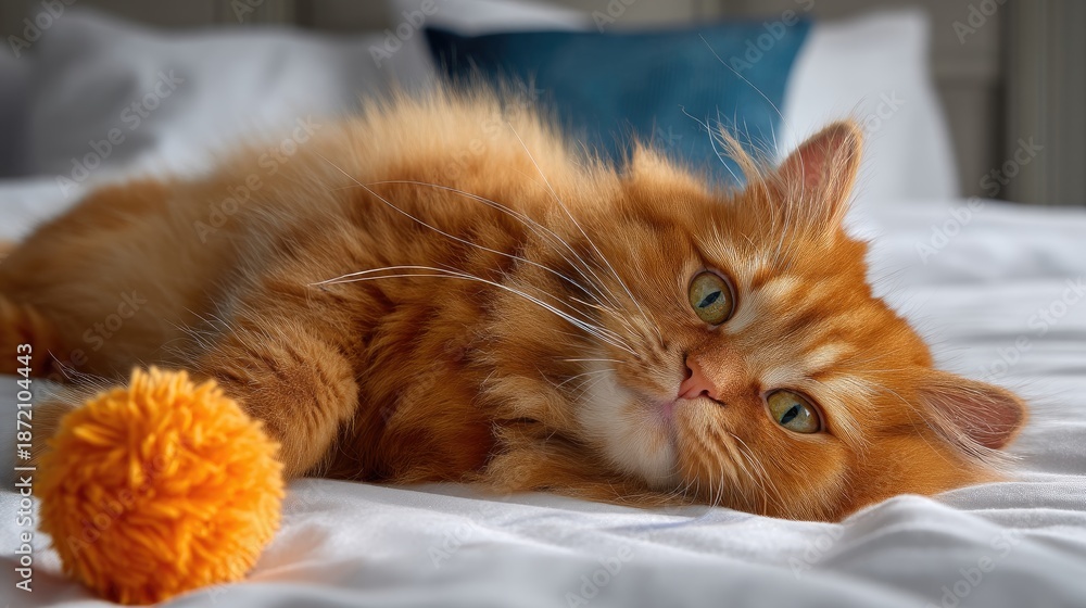 Naklejka premium Adorable fluffy orange cat lounging on a cozy bed with a playful pom pom toy, showcasing its captivating green eyes and luxurious fur texture