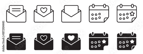 Email message with love heart symbol and calendar with important date icons set