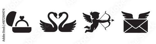 Set of romantic symbols including engagement ring, swans, cupid with bow, and winged envelope