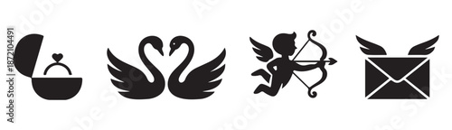 Set of romantic symbols including engagement ring, swans, cupid with bow, and winged envelope