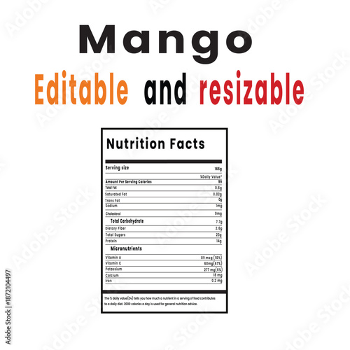 Nutrition facts label for mango product presented in a clear and editable format