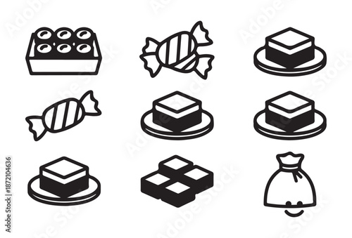 Assortment of candies and sweets icons including chocolates and lollipops isolated on white background