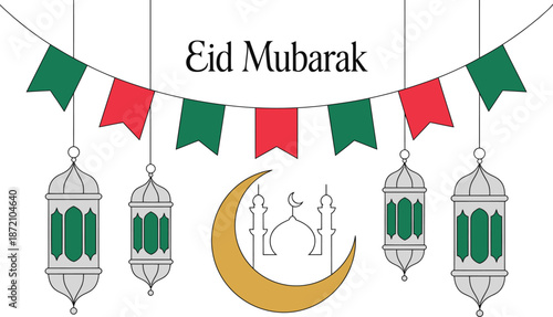 Eid mubarak celebration with lanterns and crescent moon background design Vector illustration