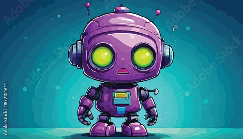 Cute Purple Robot with Glowing Yellow Eyes Illustration.