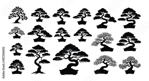 Collection of stylized bonsai trees in various shapes and potted arrangements